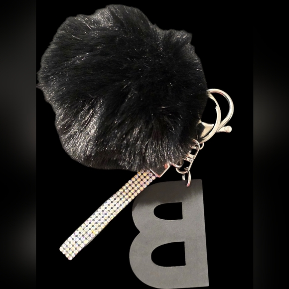 Black Pom Pom Bag Charm Keychain with Rhinestone Letter B - Picture 2 of 3